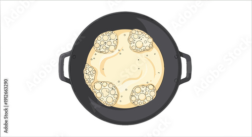 Overhead vector art depicting a golden pancake or flatbread cooking in a dark pan. Distinct circular bubbles form on its surface, signifying a