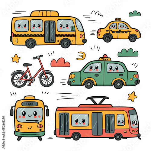 Whimsical Transport Collection: An enchanting ensemble of delightful vehicles brings the joy of travel. Colorful collection of transport design, perfectly representing movement and everyday commute.