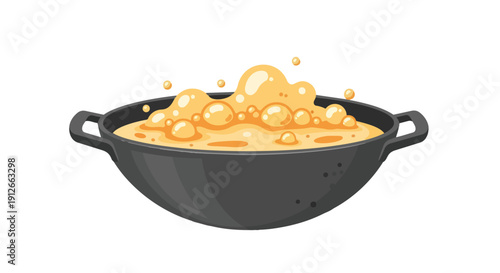 A vibrant illustration showcasing a dark, sturdy pot brimming with vigorously bubbling golden liquid suggesting a delicious hot culinary creation