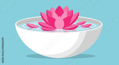 Pink Lotus Flower Floating in Water Bowl, Zen Meditation Concept, Spa Relaxation