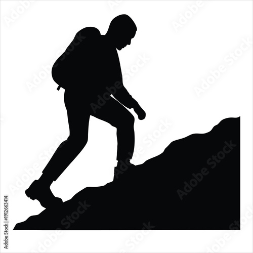 Silhouette of Hiker Climbing Mountain Peak with Backpack - Adventure and Achievement Concept