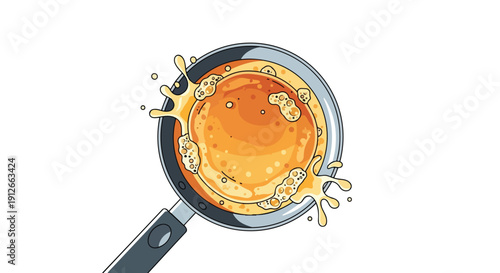 Vibrant illustration of a dynamic culinary scene: golden liquid energetically bubbling and splashing within a sleek frying pan, suggesting