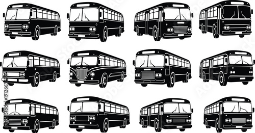 Vintage bus silhouettes collection featuring retro city transport vehicles, classic public transportation vector illustration set