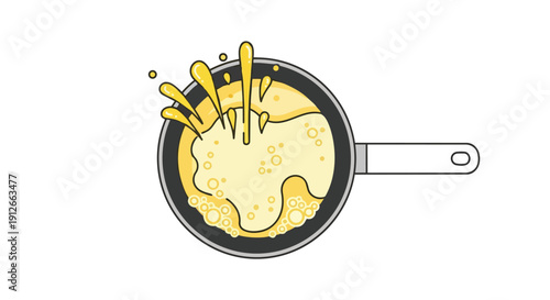 Vibrant cartoon illustration depicting an energetic, splashing yellow liquid in a hot frying pan, showcasing dynamic kitchen action and a lively