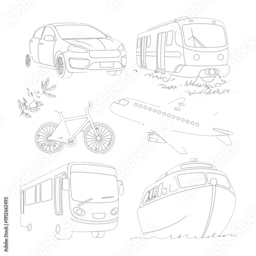 Vehicular Variety: A collection of various modes of transportation, meticulously rendered in elegant line art, ready to be colored.