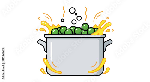 Vibrant illustration depicting fresh green peas boiling vigorously within a gray pot, producing lively splashes and steam for a healthy cooking
