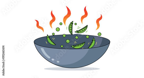 A vibrant illustration of fresh green peas and pods actively steaming in a simple bowl, perfectly capturing healthy cooking, warmth, and wholesome