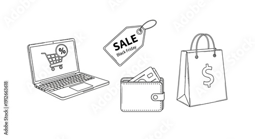 Online Shopping Black Friday Sale Icons: Laptop, Shopping Bag, Wallet, Sale Tag