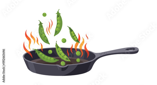 Dynamic illustration of fresh green peas and their vibrant pods energetically cooking in a hot black skillet, surrounded by bright orange flames,