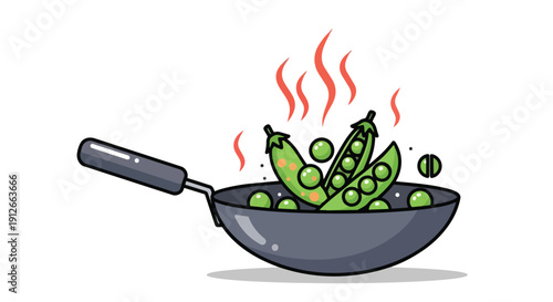 Vibrant green peas simmering in a hot pan, an emblem of fresh, healthy culinary preparation