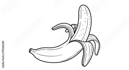 Peeled Banana Illustration, Black and White Line Art, Healthy Fruit, Isolated on White Background
