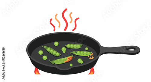 Sizzling green peas and pods cooking in a hot cast iron skillet over vivid red flames with rising steam, depicting healthy fresh vegetable