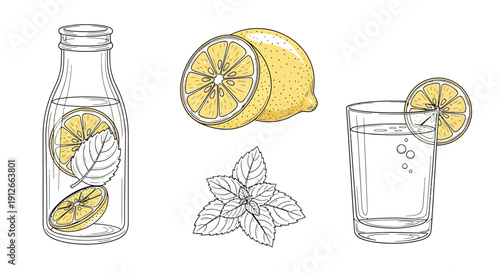 Refreshing Lemonade Ingredients: Bottle, Glass, Lemons, Mint Leaves - Hand-drawn Sketch