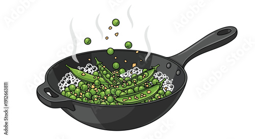 Fresh green peas and their vibrant pods sizzling gently in a dark non-stick cooking pan, steam rising to indicate a healthy and delightful culinary