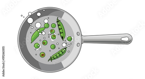 Green peas and pods simmering in a shiny stainless steel pan, illustrating healthy cooking preparation or washing fresh garden produce for a