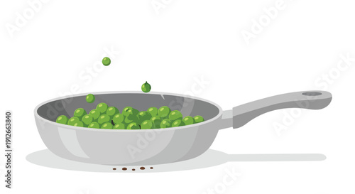 Vibrant green peas falling into a gleaming cooking pan, symbolizing fresh culinary ingredients