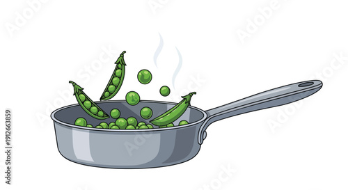 Vibrant green peas, both shelled and within their natural pods, are dynamically tossed above a sleek silver saucepan, depicting healthy culinary