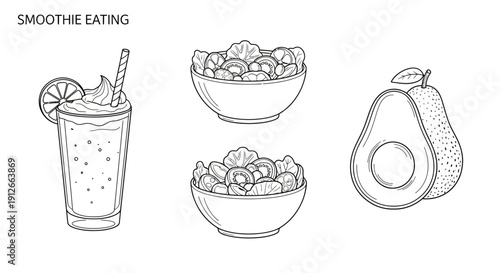 Healthy Smoothie, Avocado, and Fresh Fruit Salad in Bowls - Line Art