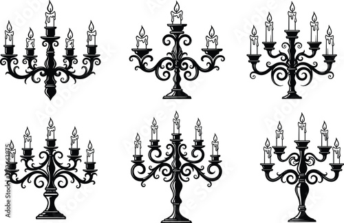 Vintage ornate candelabra silhouettes collection, decorative candle holders with baroque style design vector illustration set