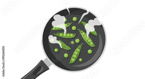 A vibrant illustration showcasing fresh garden green peas and their pods gently steaming in a hot frying pan, symbolizing healthy eating and