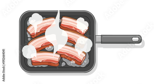 Sizzling pork belly strips rendering fat in a hot skillet, generating delicious steam plumes, an inviting culinary preparation scene, perfect for