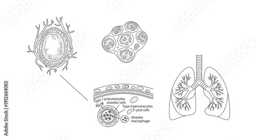 Human Lung Anatomy: Alveoli, Bronchioles, and Macrophages Illustration