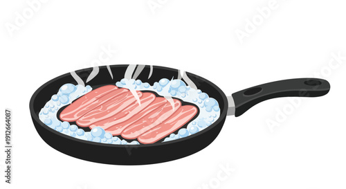 Vibrant illustration of thinly sliced meat gently cooking in a pan with active bubbling