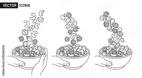 Healthy Cereal Bowl with Falling Nuts and Berries, Handheld Breakfast