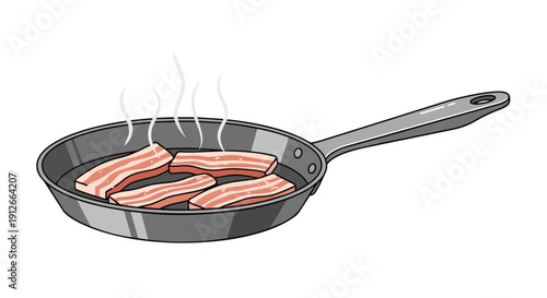 Sizzling pork belly strips cooking in a grey non-stick frying pan, generating gentle culinary steam