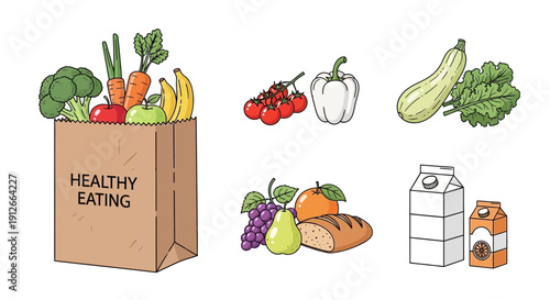 Healthy Eating Grocery Bag with Fresh Fruits, Vegetables, Bread, and Milk