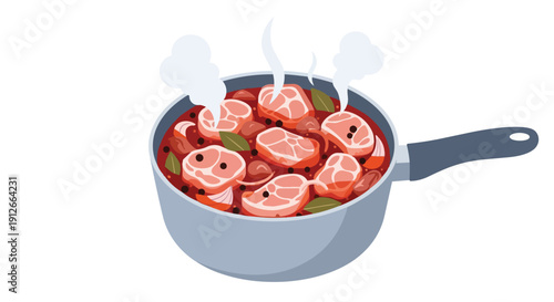 Hearty traditional meat stew gently simmering in a rich red sauce, infused with bay leaves and peppercorns, creating a delightful and flavorful