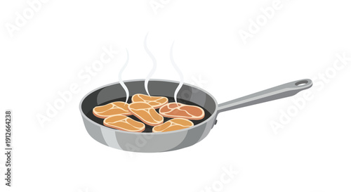 Vivid vector artwork showing tender meat portions cooking vigorously in a sturdy pan, emitting warm, inviting steam, depicting excellent culinary