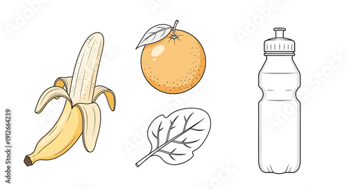 Healthy Food and Drink: Banana, Orange, Spinach, and Water Bottle