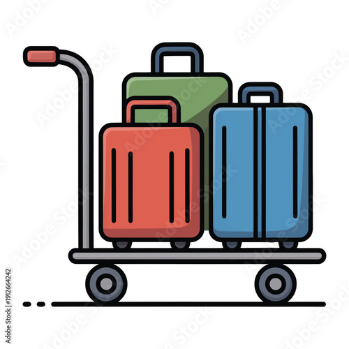 Journey Luggage Cart: A vibrant display of travel essentials – three distinct suitcases in varied colors neatly arranged on a luggage cart, signifying the promise of adventure and exploration.