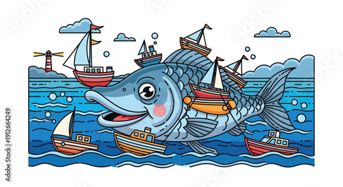 Whimsical giant fish carrying multiple boats on its back in ocean