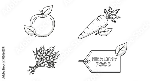 Healthy Food Icons: Apple, Carrot, Wheat, and Label