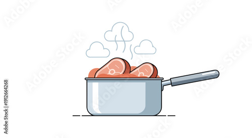 A modern illustration displays two generous raw meat cuts gently simmering in a sleek silver saucepan, delicate steam rising, portraying a
