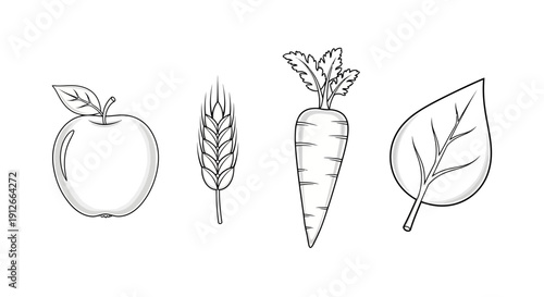 Healthy Food Icons: Apple, Wheat, Carrot, and Leaf - Fresh Ingredients