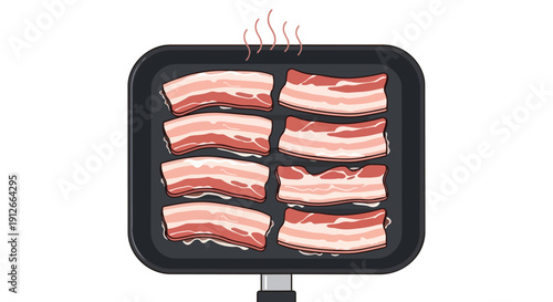 Sizzling bacon strips cooking on a hot griddle with visible steam rising from the pork belly slices a savory breakfast preparation for delicious