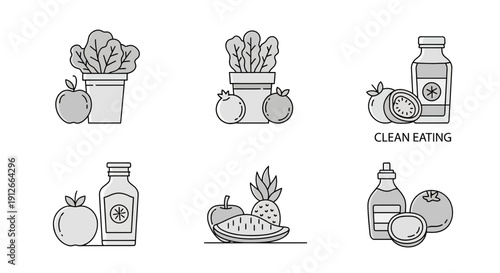 Healthy Food Icons: Fruits, Vegetables, Juice Bottles, Clean Eating Concept