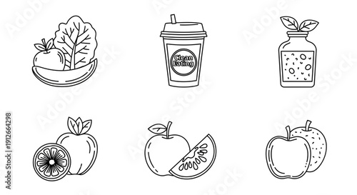 Healthy Food Icons: Fruits, Vegetables, and Drinks - Line Art Collection