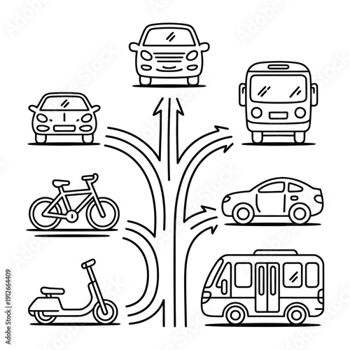 Roadmap to Mobility: Conceptual illustration of various modes of transportation diverging from a central point, symbolizing the myriad choices and pathways available for travel.