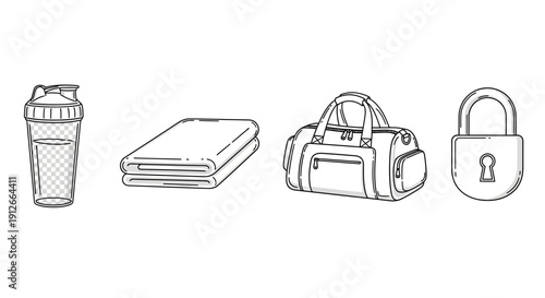 Gym Accessories: Shaker Bottle, Folded Towel, Duffle Bag, and Padlock - Fitness Essentials