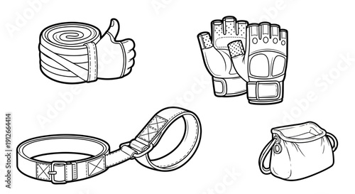 Gym accessories: weightlifting belt, gloves, wrist wraps, and gym bag illustration