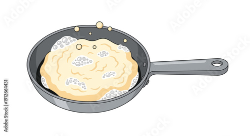 Illustration of a cooking process showing a light yellow substance actively bubbling and simmering in a sleek gray frying pan on a clean white