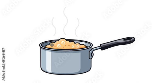 Bubbling culinary process in a grey metal saucepan with a black ergonomic handle, emitting gentle steam, showcasing hot food preparation on a clean