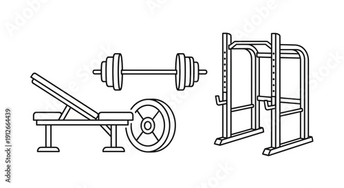 Gym Equipment Icon Set: Barbell, Weight Bench, Smith Machine, Weight Plate