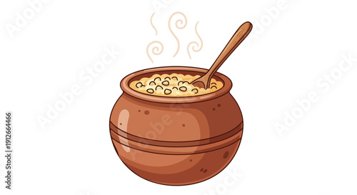 A cozy cartoon illustration of a steaming traditional earthenware pot filled with wholesome grain-based hot food, complete with a rustic wooden