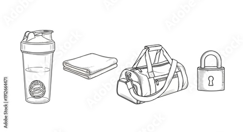 Gym Essentials: Shaker Bottle, Towel, Duffel Bag, and Padlock - Fitness Gear Collection