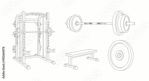 Gym Equipment Set: Smith Machine, Barbell, Weight Plates, and Bench - Line Art